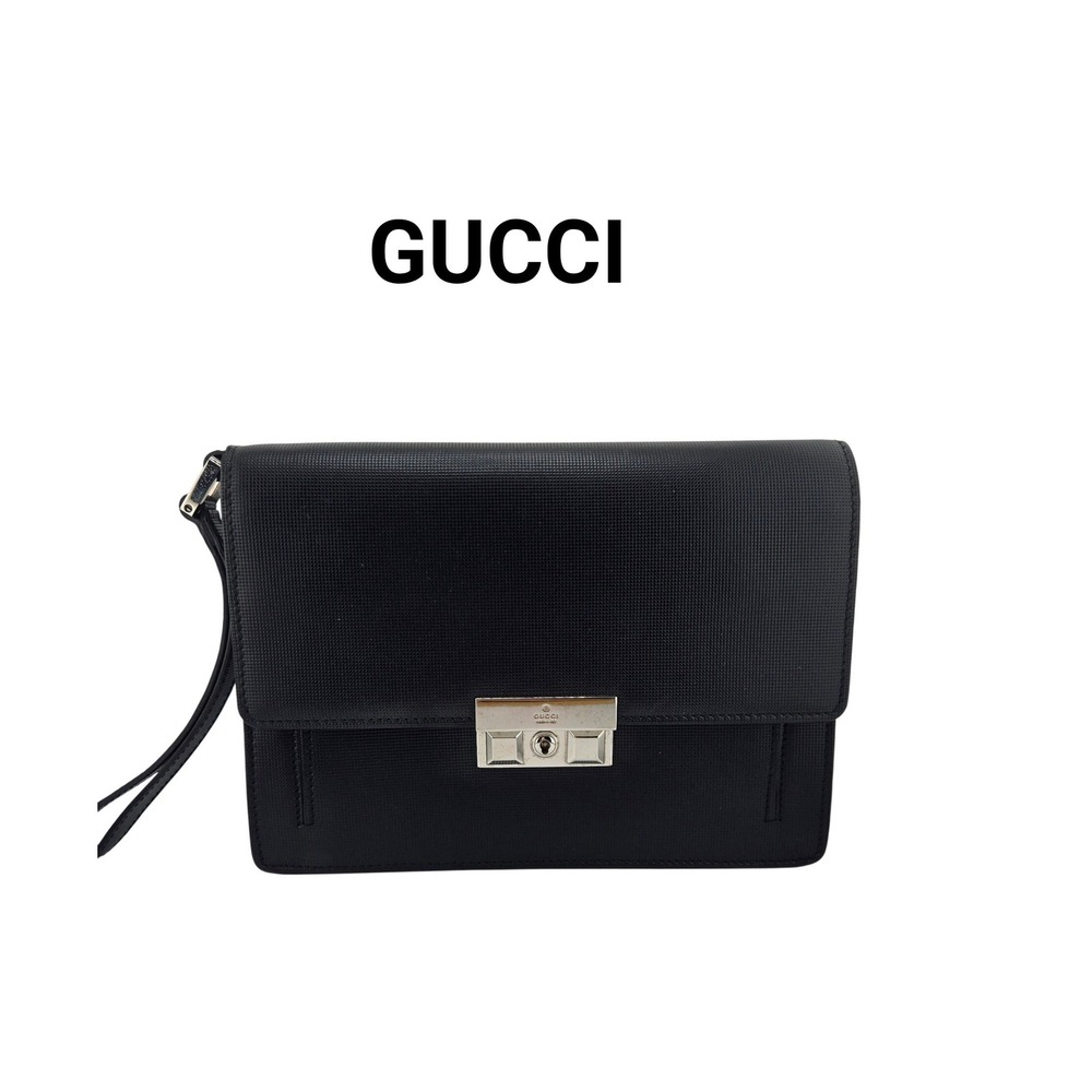 Gucci Diamante Black Leather Wristlet Clutch Bag 223651 Silver Hardware